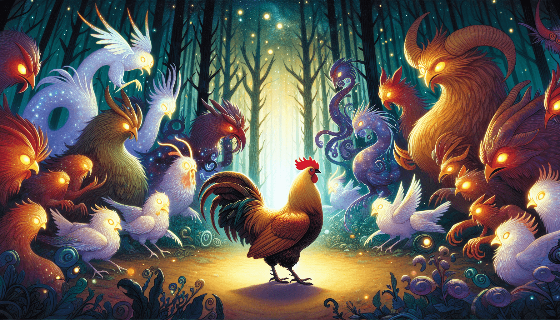 Chicken battling mystical creatures