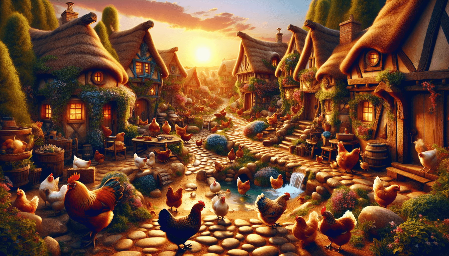 Fantasy village with chickens