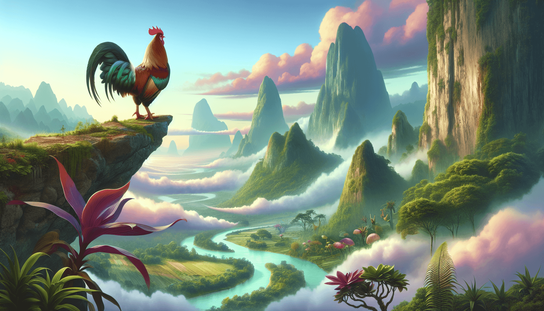 Chicken hero overlooking fantasy world